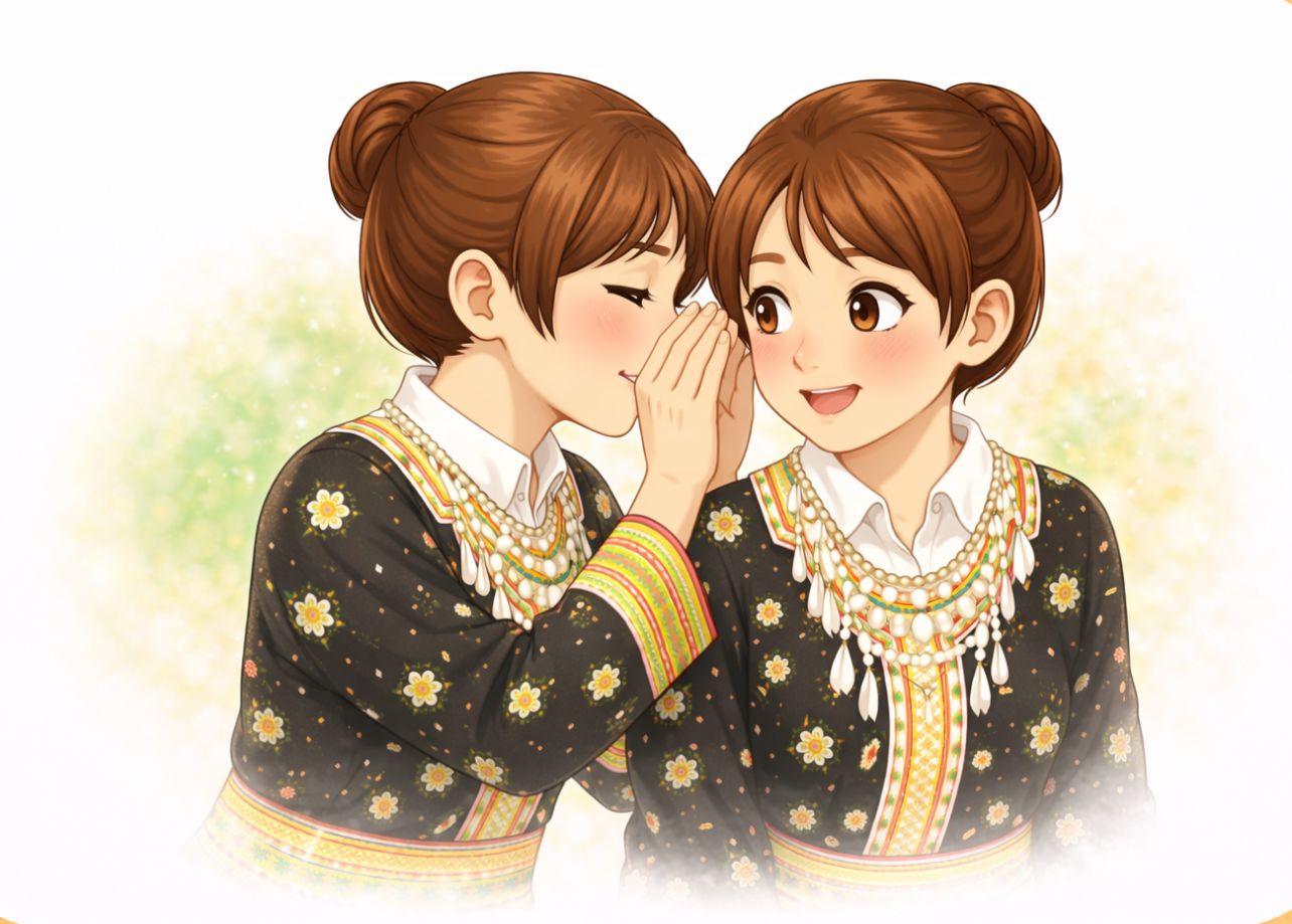Two young women in matching black embroidered traditional outfits lean close together, one whispering into the other’s ear while the other smiles.