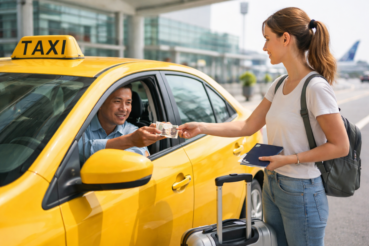 Woman with backpack pays a taxi driver cash through the open window while standing beside a suitcase at the airport curb.