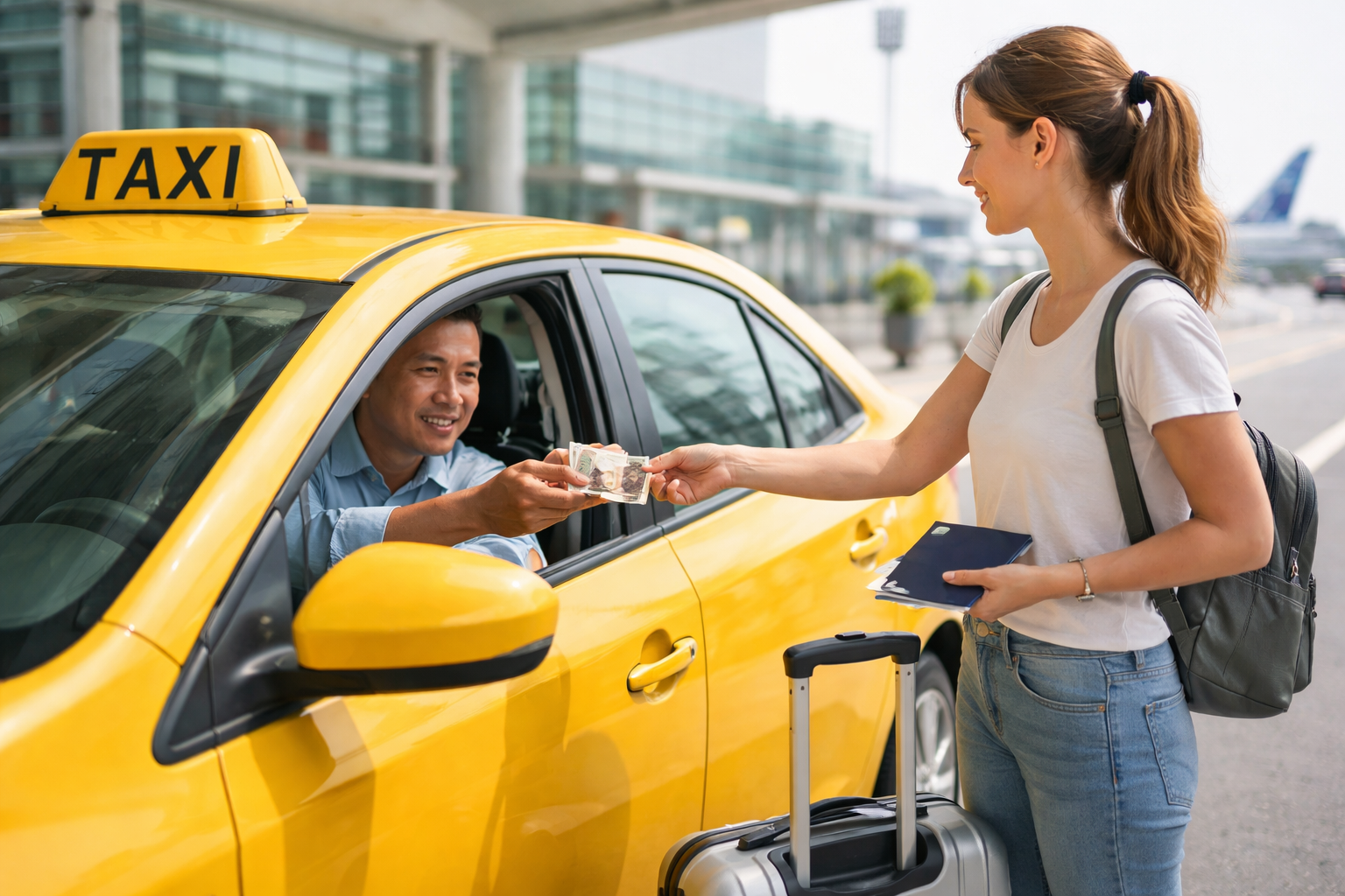 Woman with backpack pays a taxi driver cash through the open window while standing beside a suitcase at the airport curb.