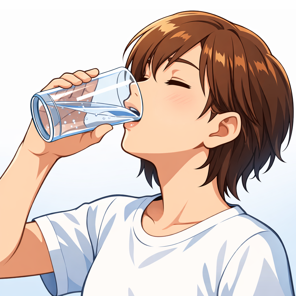 Young person in a white shirt tilting back a glass of water and drinking with eyes closed.