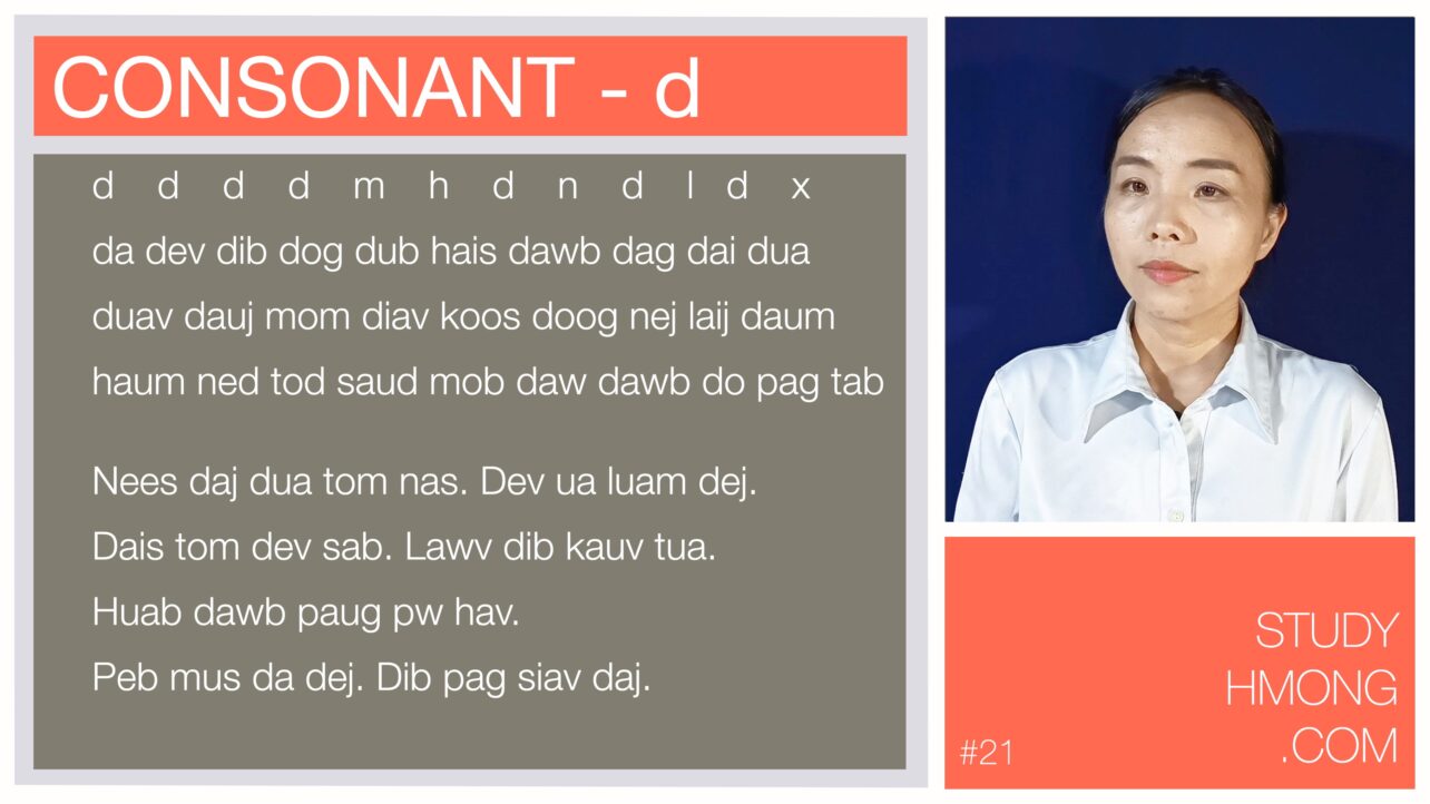 Educational poster titled “Consonant - d” with example Hmong words and sentences on the left and a portrait of a woman on the right, plus StudyHmong.com branding.