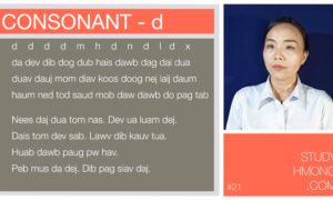Educational poster titled “Consonant - d” with example Hmong words and sentences on the left and a portrait of a woman on the right, plus StudyHmong.com branding.