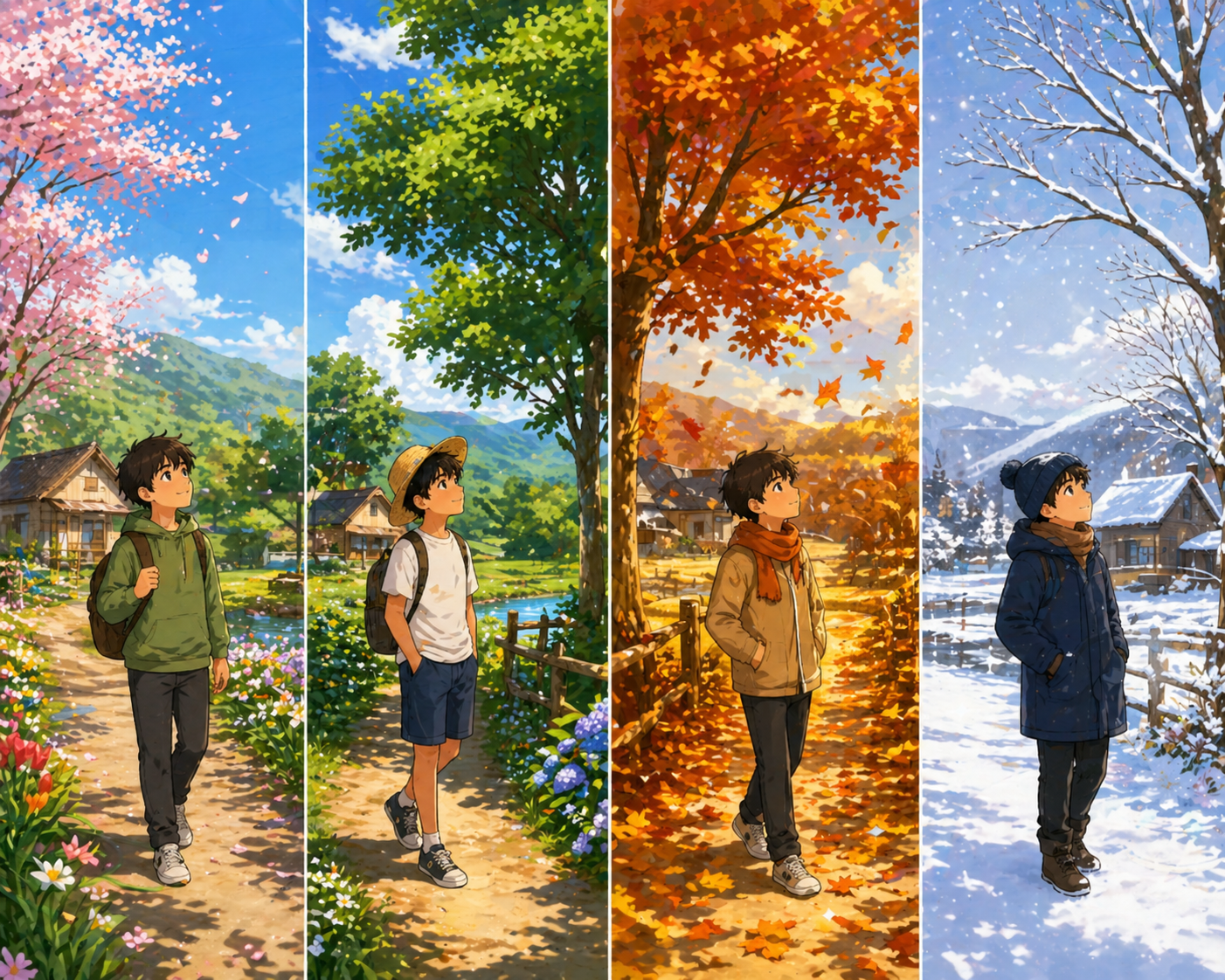 A boy stands in a countryside path shown across spring, summer, autumn, and winter scenes with changing trees, flowers, and snow.