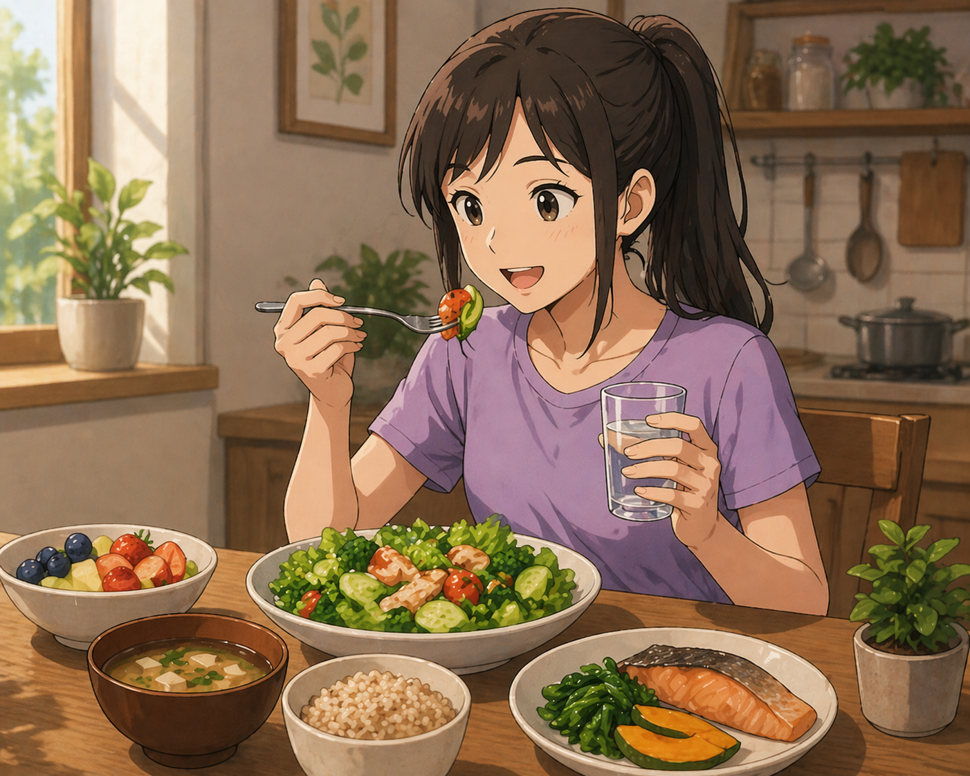Smiling young woman in a purple shirt eating salad with a fork while holding a glass of water at a dining table filled with salmon, rice, soup, fruit, and vegetables in a cozy kitchen.