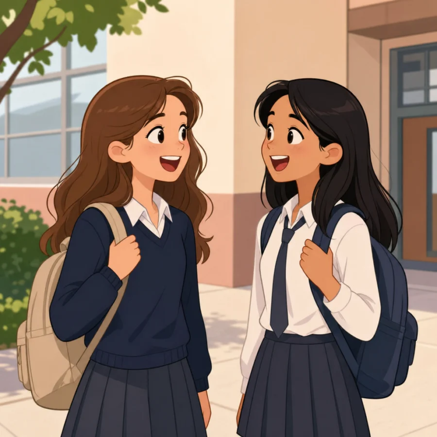 Two teenage girls in school uniforms chatting and smiling outdoors near a building.