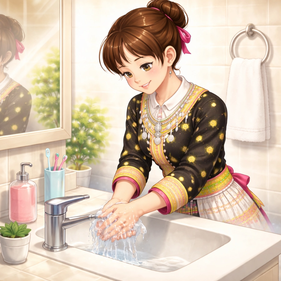 Smiling young woman with brown hair tied in a bun washing her hands at a bathroom sink beside a mirror, towels, and toiletries.