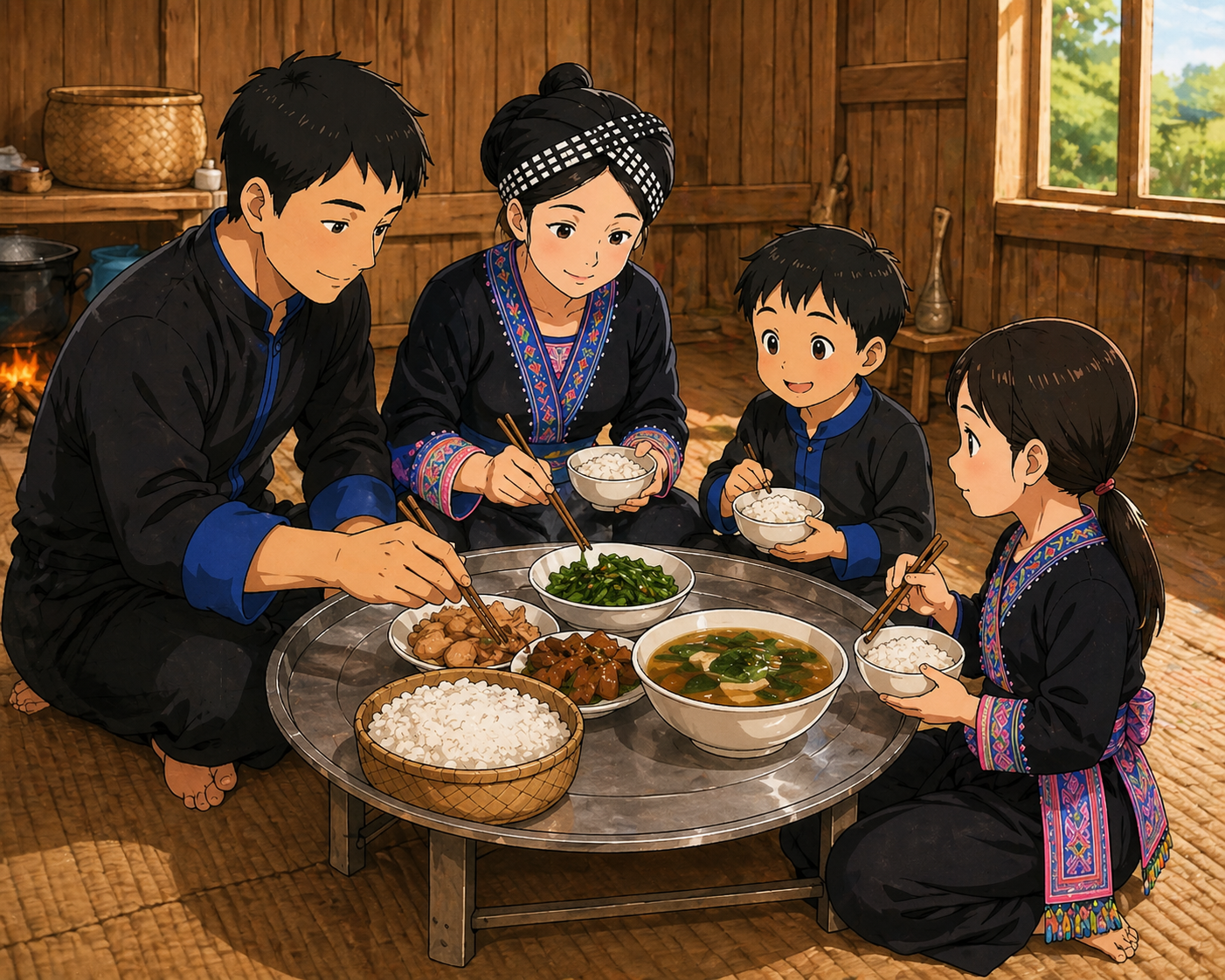 Family of four seated on the floor around a low metal table, sharing bowls of rice, vegetables, meat, and soup inside a wooden home.