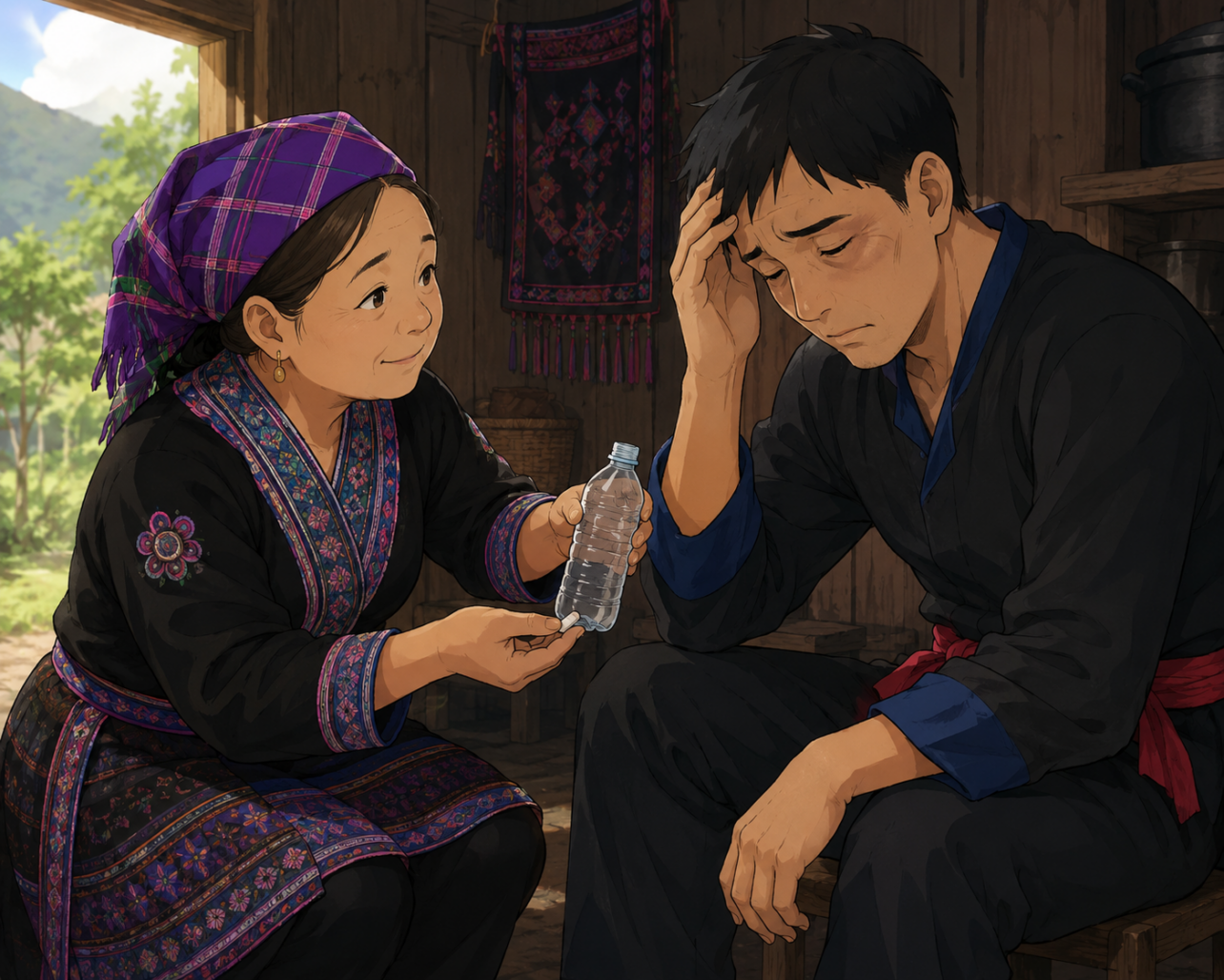 A woman in traditional clothing offers a small water bottle to a distressed man sitting beside her in a wooden room.