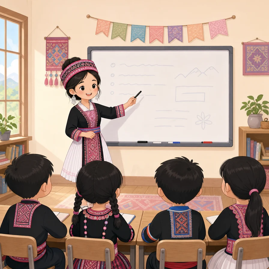 A cute cartoon of a young Hmong woman pointing to a whiteboard while teaching engaged students in a classroom.